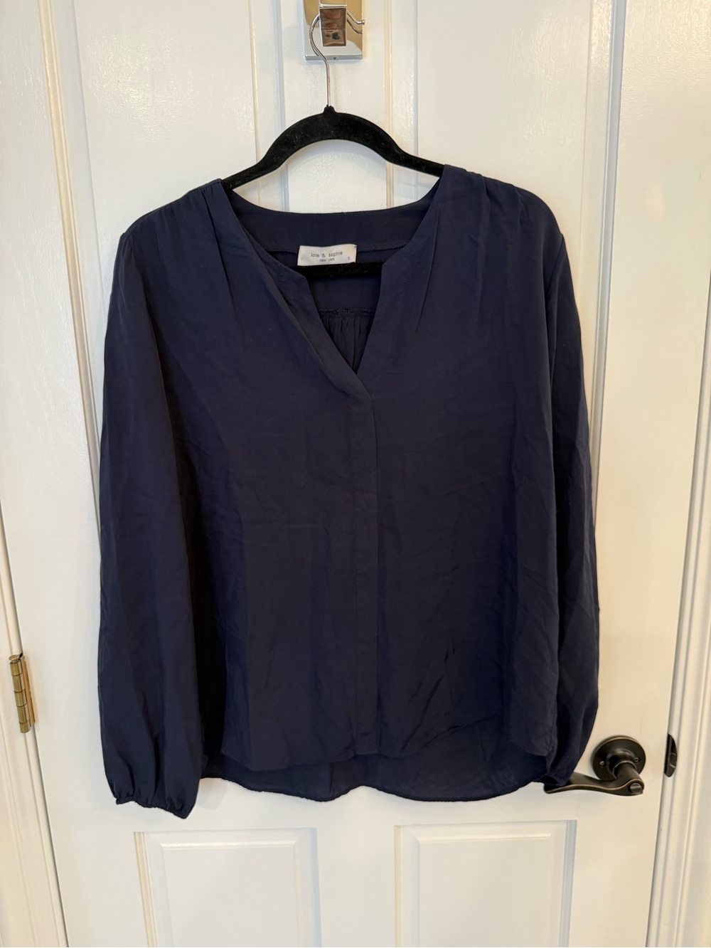 Lola & Sophie Cupro Navy V-Neck Long-Sleeve Blouse